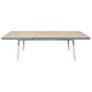 Table 220x120 cm en frêne massif, 2 rallonges bleu gris leh…