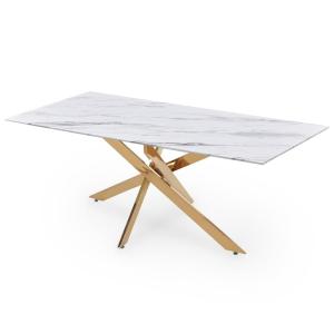 Table à manger en verre, métal blanc, doré 6 personn…