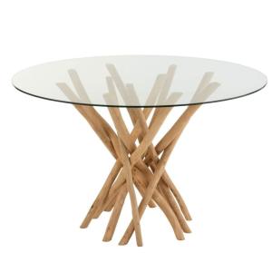 Table à manger ronde 120cm en verre pieds bois MANILLE natu…