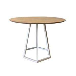 Table à manger ronde en bois effet chêne pieds acier blanc