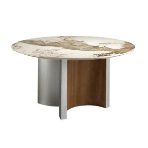 Table à manger ronde en marbre porcelaine, noyer et bois ar…