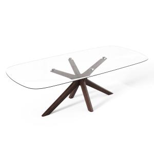 Table à manger verre et pied noyer 200cm