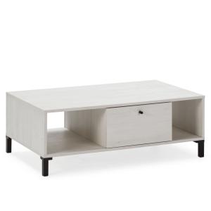 Table basse 1 tiroir 2 niches, couleur blanc et bois, 100 c…