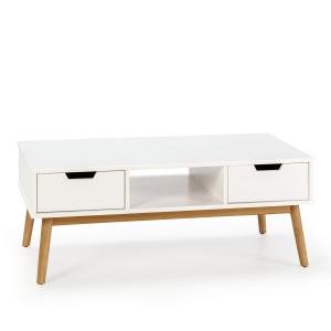 Table basse blanc, fabriqué en bois de pin massif, 2 tiroir…