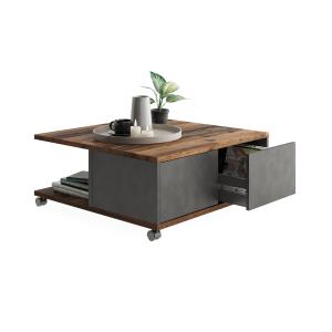 Table Basse Carrée Roulettes 2 Tiroirs L70cm - Aspect Chêne…