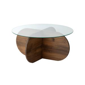 Table basse design d75cm pin massif foncé et verre trompé t…