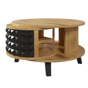 Table basse effet bois et noir, rangement interne rotatif