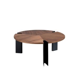 Table basse effet bois noyer et acier noir 90 x 90 x 36 cm.