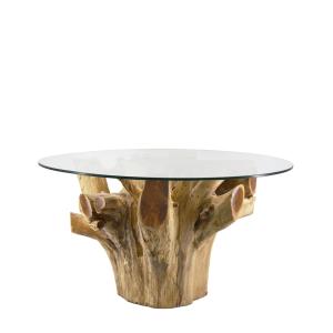 Table basse en bois de teck beige et verre Ø 80 cm