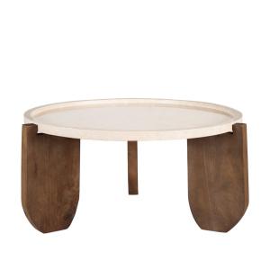 Table basse en marbre et bois massif ø80cm - Blanc ivoire