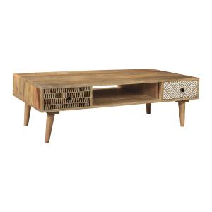Table basse rectangulaire en bois, 2 tiroirs à motifs