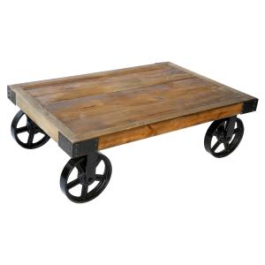 Table basse rectangulaire en bois et métal à roulettes