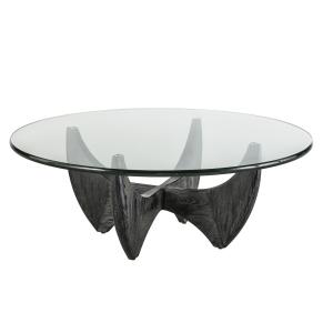 Table basse ronde en chêne massif noir avec plateau en verr…