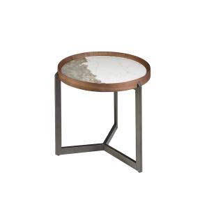 Table basse ronde en marbre porcelaine, noyer et acier