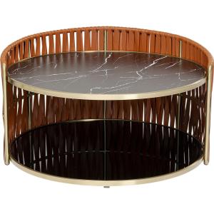 Table basse ronde en verre effet marbre noir et acier doré