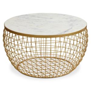 Table basse ronde marbre blanc et pieds or
