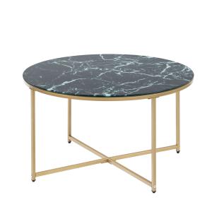 Table basse ronde verre effet marbre vert pieds dorés