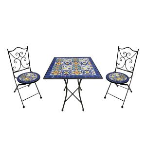 Table bistrot, 2 chaises, mosaïque, bleu