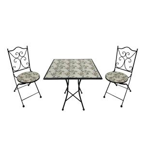 Table bistrot, 2 chaises, mosaïque, design floral