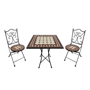 Table bistrot, 2 chaises, mosaïque, rouge/blanc