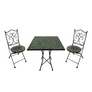 Table bistrot, 2 chaises, mosaïque, vert foncé