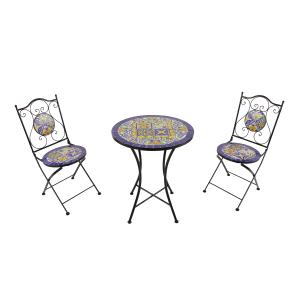 Table bistrot avec 2 chaises, mosaïque, bleu/jaune