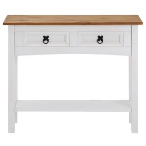 Table console 2 tiroirs en bois massif, blanc/brun