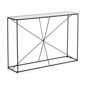 Table console en métal noir avec plateau en verre