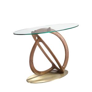 Table console ovale en verre trempé, noyer et Or