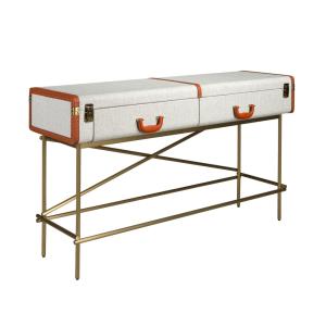 Table console rectangulaire, tissu, noyer et acier poli dor…