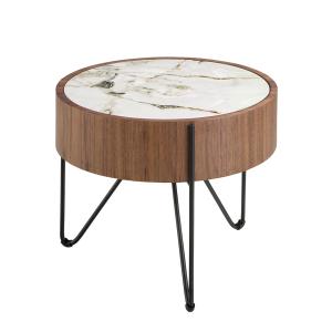 Table d'angle ronde en marbre porcelaine, noyer et acier no…