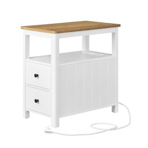 Table d’appoint avec multiprise 2 tiroirs effet bois blanc