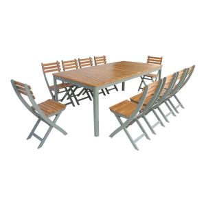 Table de jardin acacia avec coins arrondis, 10 chaises, kaki