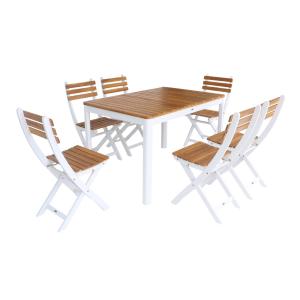 Table de jardin acacia avec coins arrondis, 6 chaises, blanc