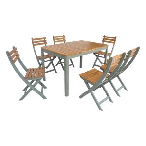 Table de jardin acacia avec coins arrondis, 6 chaises, kaki