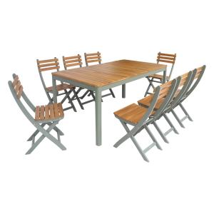 Table de jardin acacia avec coins arrondis, 8 chaises, kaki