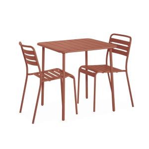 Table de jardin carrée en métal terracotta avec 2 chaises