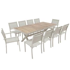 Table de jardin céramique effet bois 201 cm et 10 chaises c…