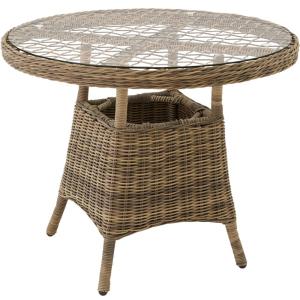 Table de jardin en résine tressée et plateau en verre marro…