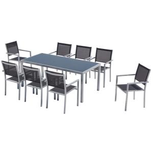 Table de jardin et 8 fauteuils aluminium et textilène gris