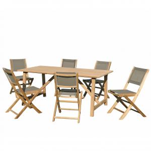 Table de jardin et chaises en teck et textilene taupe 6/8 p…