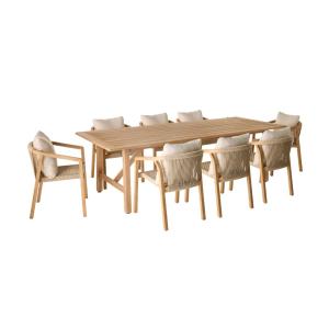 Table de jardin eucalyptus et cordes 8 fauteuils beige