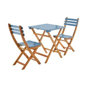 Table de jardin pliable acacia 2 chaises bleu