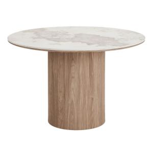 Table de repas ronde effet marbre avec base en bois