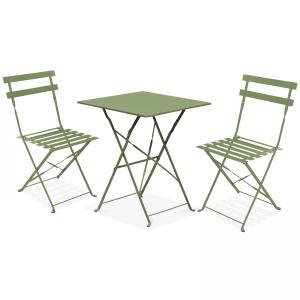 Table de terrasse et 2 chaises acier vert cactus