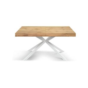 Table en bois, finition chêne, base X blanche, extensible 1…