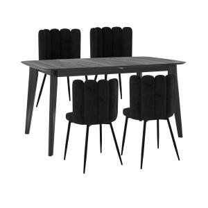 Table et chaise 4 personnes en velours et bois noir