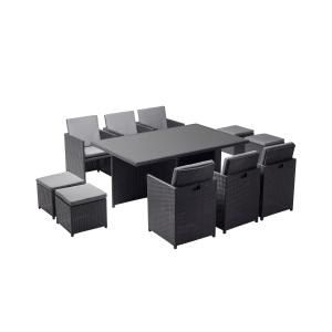 Table et chaises 10 places encastrables en résine noir/gris