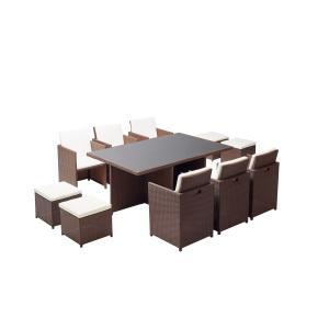 Table et chaises 10 places encastrables résine marron/blanc