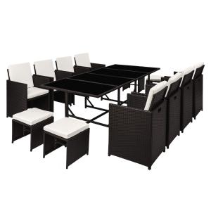 Table et chaises 12 places en résine tressée noir et blanc